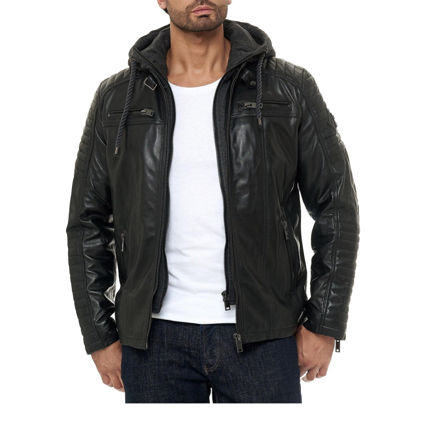 Details about   Men's Hooded Genuine Leather Black Sheepskin Biker Fitstitch Jacket 