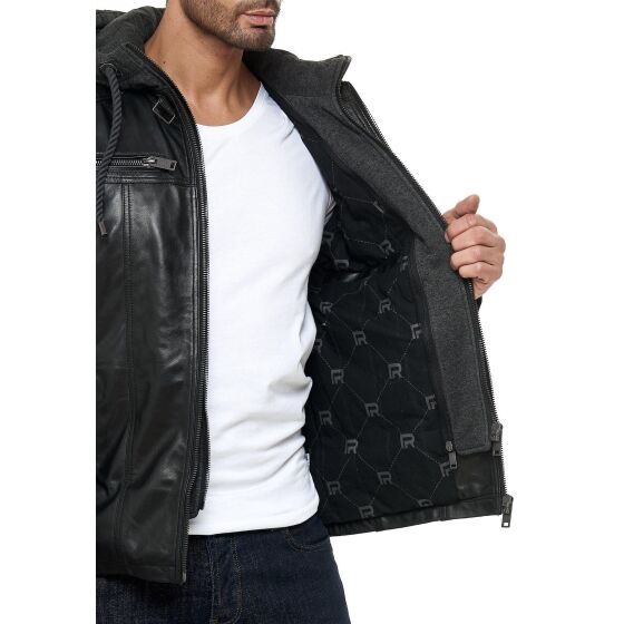 Red Bridge Mens Leather Jacket Genuine Leather Biker Jacket with Sweat Hood Two in One