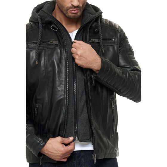 Red Bridge Mens Leather Jacket Genuine Leather Biker Jacket with Sweat Hood Two in One