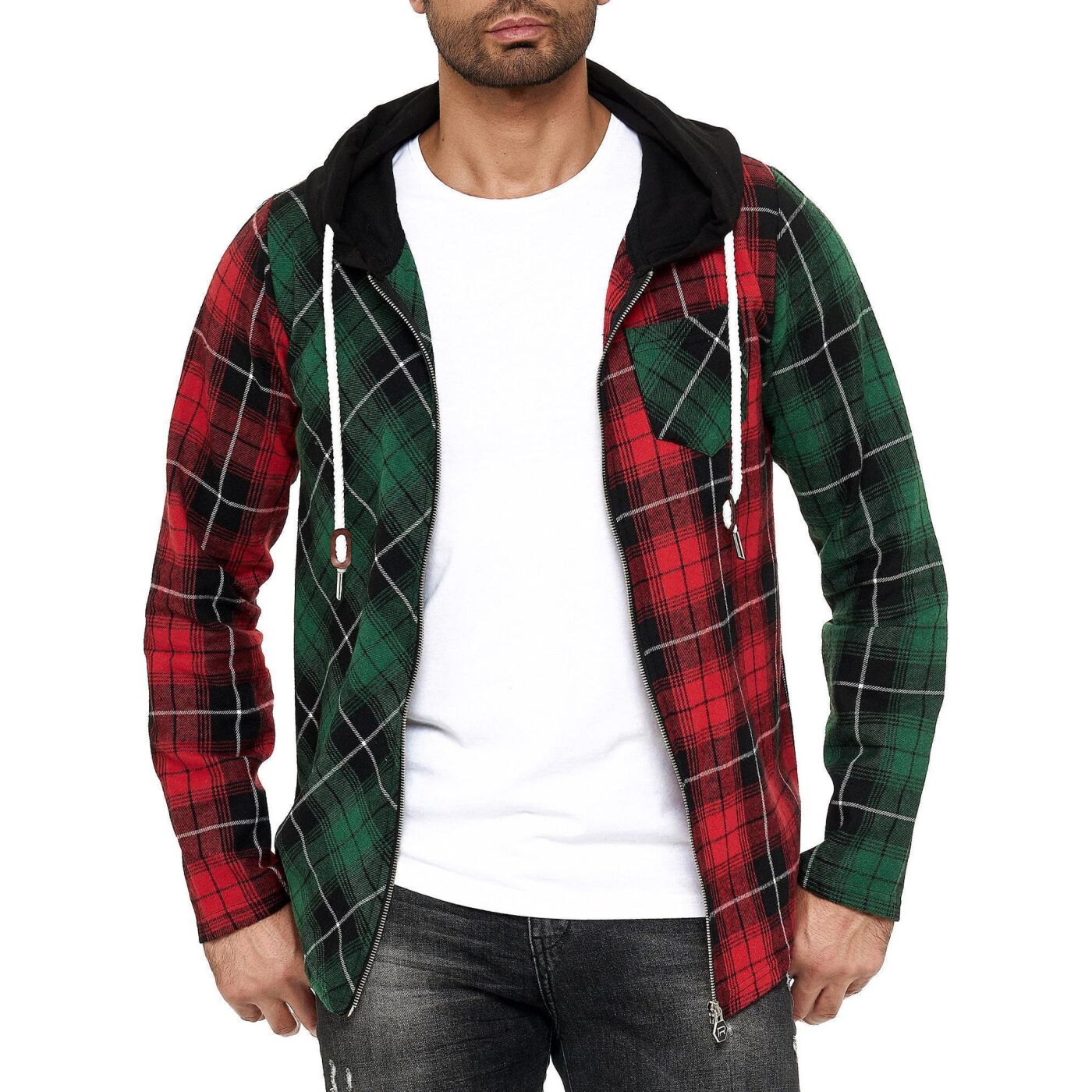 44,90 Jacket mens with € hooded Pullover Sweat Bridge Red checkere, Sweatshirt