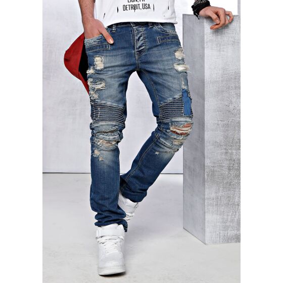 Red Bridge Mens Destroyed Biker Jeans Pant blue