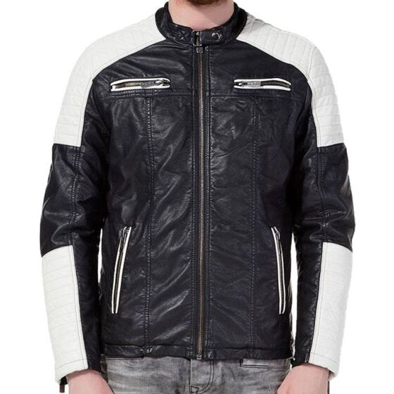 Red Bridge Herren Contrast Biker Jacke Kunst- Lederjacke schwarz weiss