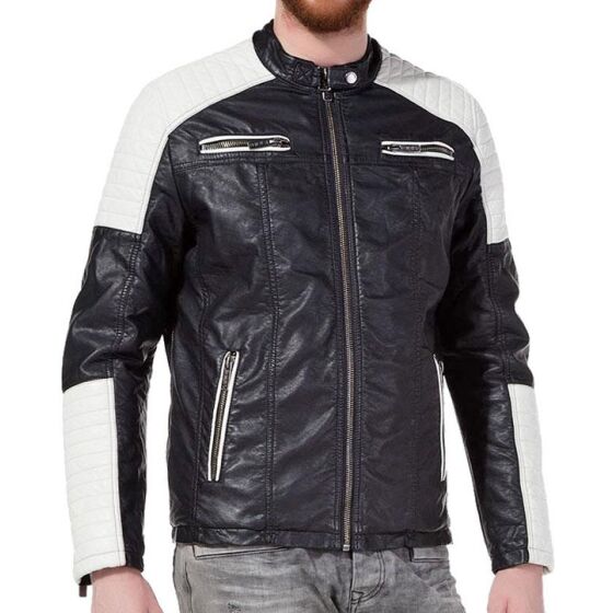 Red Bridge Mens Contrast Biker Jacket Faux Leather Jacket Black White