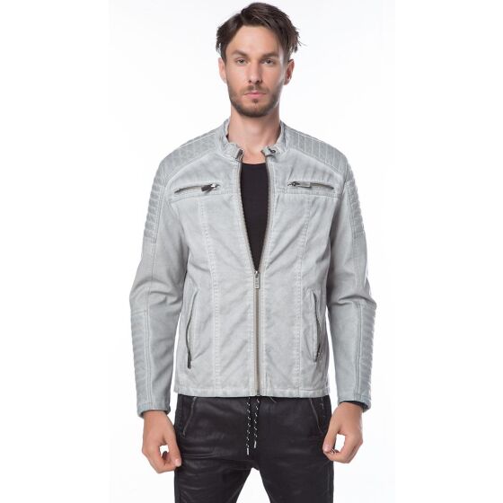 Red Bridge Mens Denim Biker Jacket Faux Leather Jacket Gray