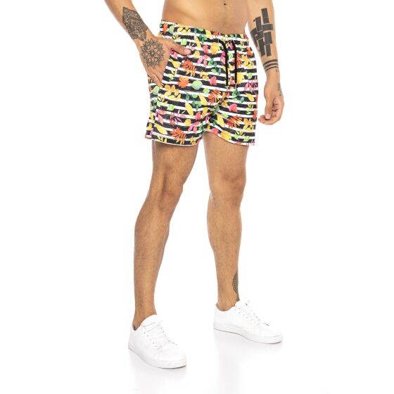 Red Bridge Mens Shorts, Swim Trunks, Swim Trunks, Floral Horizontal Stripes