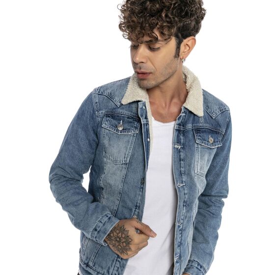 Red Bridge Mens Denim Jacket Trucker Sherpa Denim RBC Denim Jacket Lined Jacket Coat Transition Jacket Jeans Blue Denim Blue XS