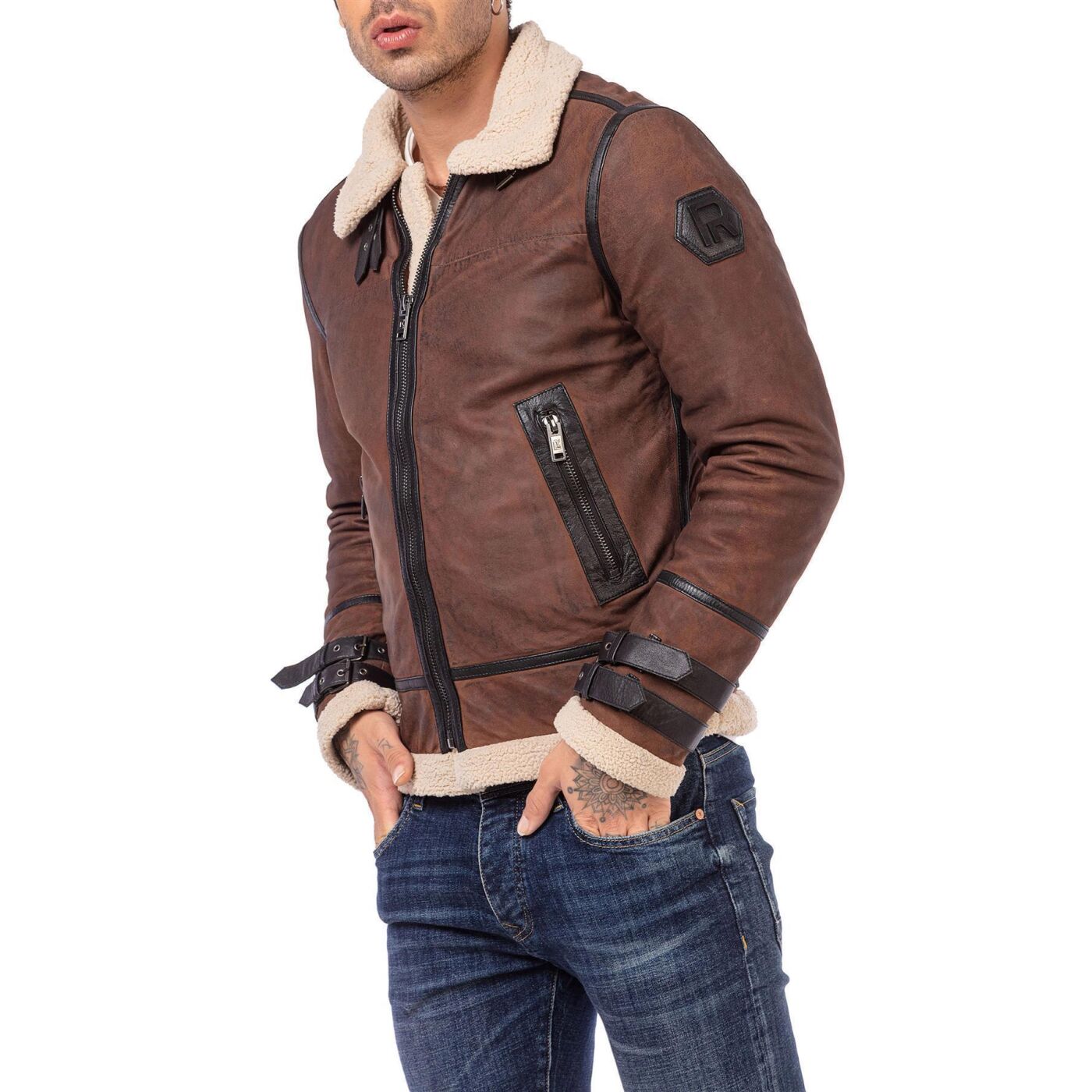 RED BRIDGE Giacca Jeans Uomo Modello Trucker Sherpa – Denim Azzurro, 100% Cotone, Taglio Attillato, Collo In Pelliccia