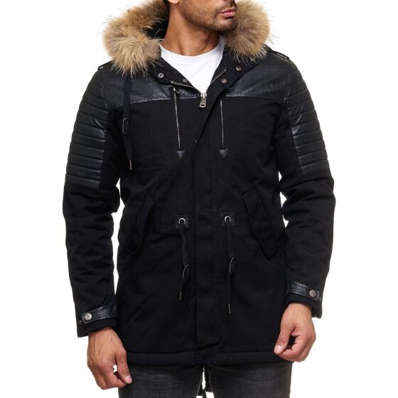 Red Bridge Mens Winter Jacket Coat Parka Patched Ripples REAL FUR lined with quilted imitation leather long black