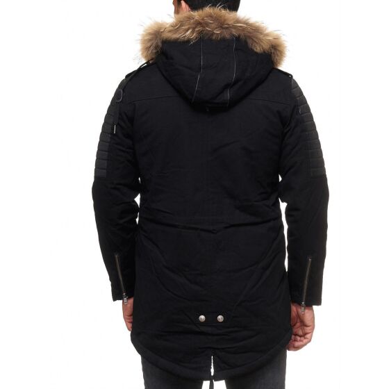Red Bridge Mens Winter Jacket Coat Parka Patched Ripples REAL FUR lined with quilted imitation leather long black