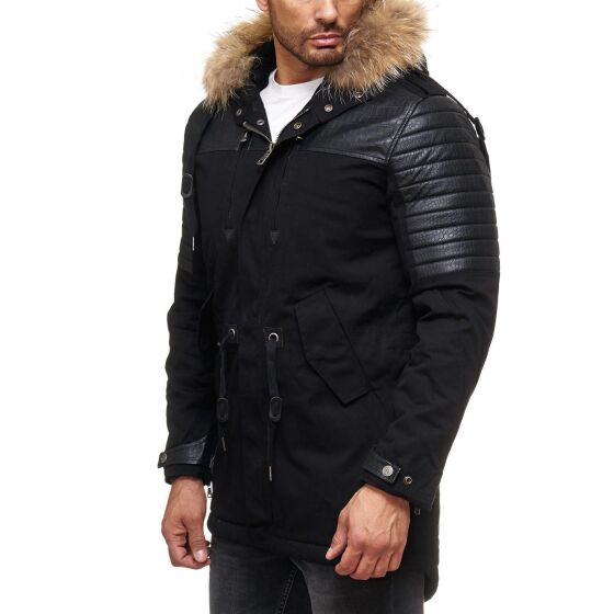 Red Bridge Herren Winterjacke Mantel Parka Patched Ripples ECHTFELL mit gesteppten Kunstleder lang gefüttert Schwarz