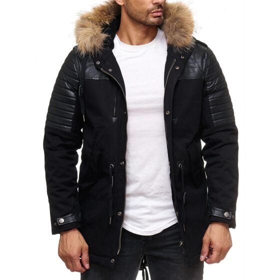 Red Bridge Herren Winterjacke Mantel Parka Patched Ripples ECHTFELL mit gesteppten Kunstleder lang gefüttert Schwarz