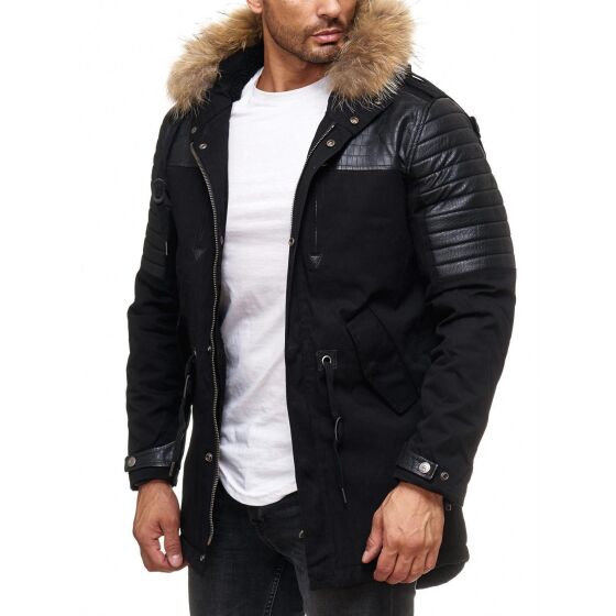 Red Bridge Herren Winterjacke Mantel Parka Patched Ripples ECHTFELL mit gesteppten Kunstleder lang gefüttert Schwarz