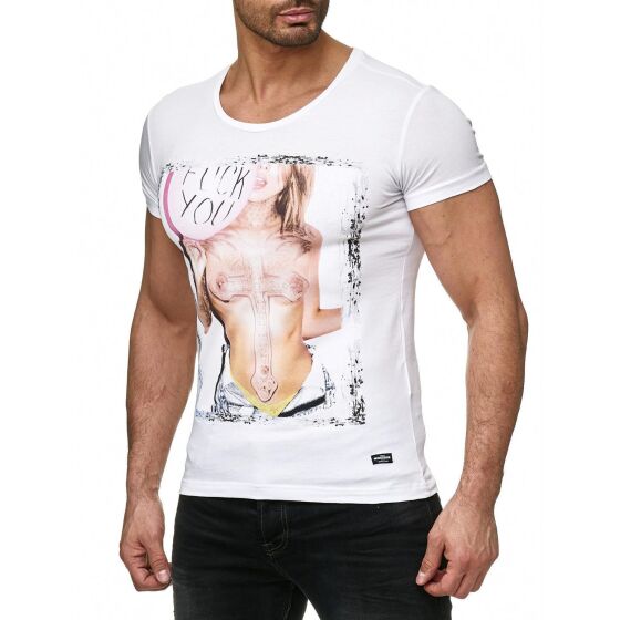 Redbridge Mens t-shirt stretch motif shirt round neck slim-fit white