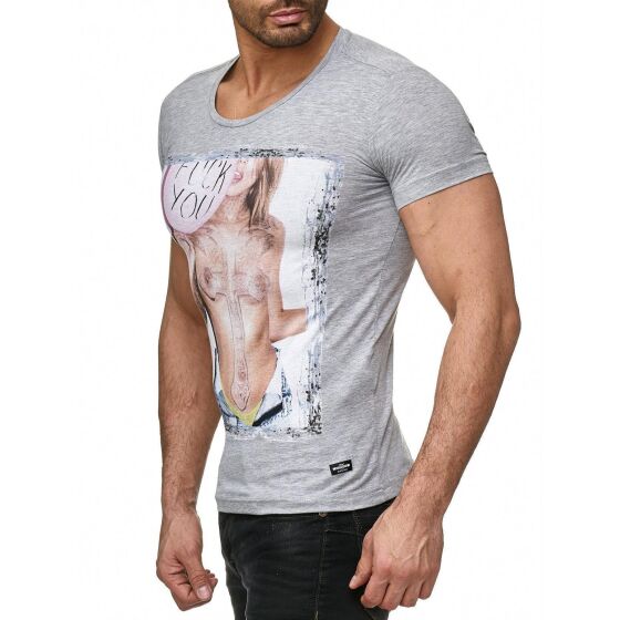 Redbridge Mens T-Shirt Stretch Motif Shirt Round Neck Slim-Fit Gray S