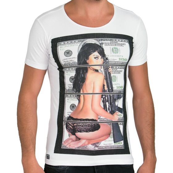 Red Bridge Herren Sex Money Crime T-Shirt weiss mit Strasssteinen