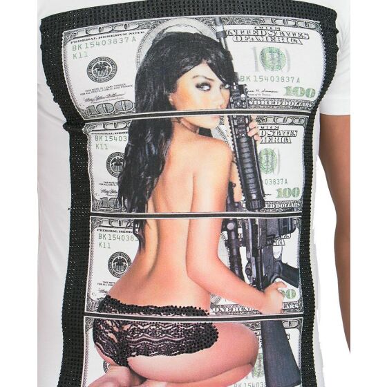 Red Bridge Herren Sex Money Crime T-Shirt weiss mit Strasssteinen