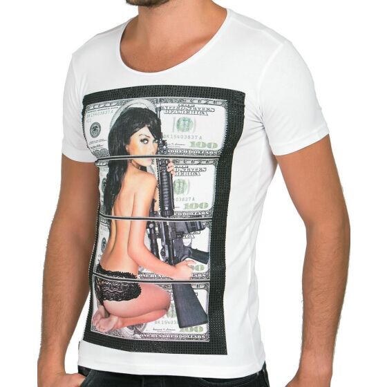 Red Bridge Herren Sex Money Crime T-Shirt weiss mit Strasssteinen L