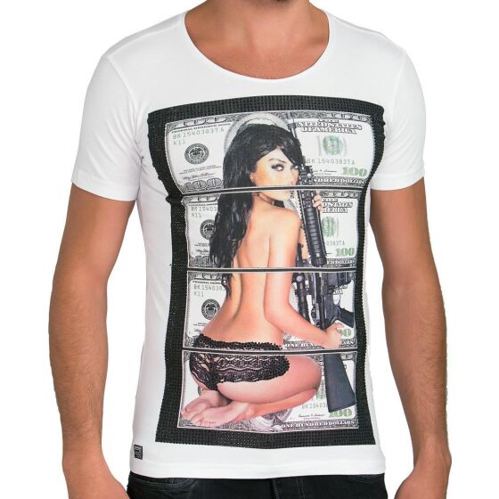Red Bridge Mens Sex Money Crime T-Shirt white with rhinestones L