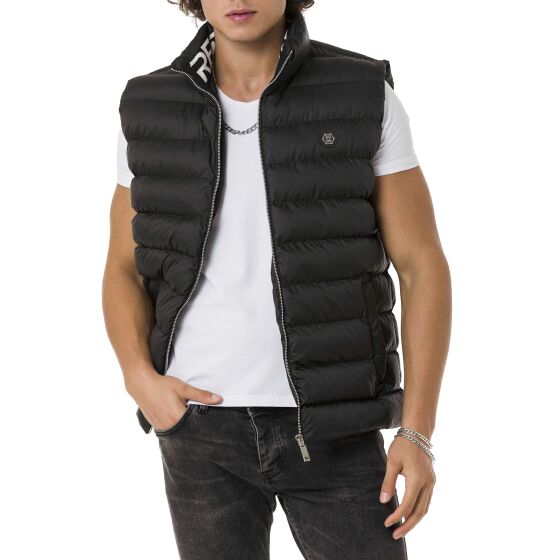 Red Bridge Mens Waistcoat with Big Bubble Zipper Collar Print