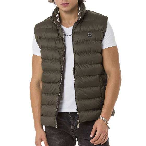 Red Bridge Mens Waistcoat with Big Bubble Zipper Collar Print