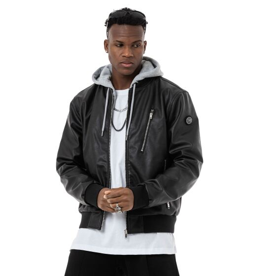 Red Bridge Herren Kunst-Lederjacke Bomberjacke mit abnehmbarer Kapuze Schwarz M