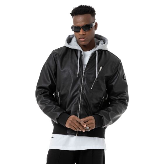 Red Bridge Herren Kunst-Lederjacke Bomberjacke mit abnehmbarer Kapuze Schwarz M