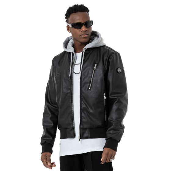 Red Bridge Herren Kunst-Lederjacke Bomberjacke mit abnehmbarer Kapuze Schwarz S
