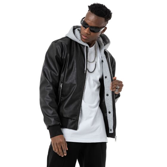 Red Bridge Herren Kunst-Lederjacke Bomberjacke mit abnehmbarer Kapuze Schwarz S