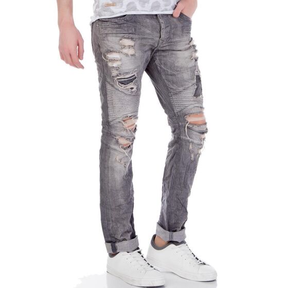 Red Bridge Mens Ripped Biker Skinny Drainpipe Jeans Pants Denim Gray W30 L34