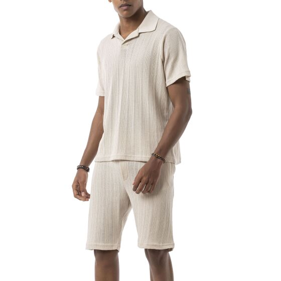 Red Bridge by Tarz Cool Mens Summer Set Two–piece Knit Polo T-Shirt and Shorts - Breathable leisure suit with textured pattern