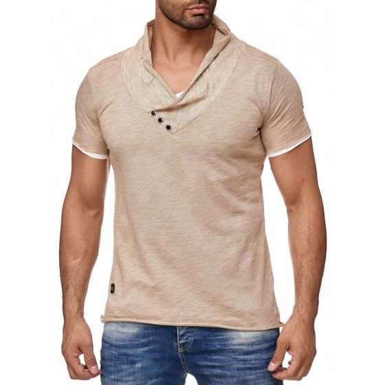 Red Bridge Herren T-Shirt Super Slim Fit Freizeitshirt V-Ausschnitt Melange Camel