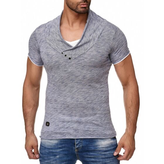 Red Bridge Mens Super Slim Fit Casual Shirt V-Neck Melange Indigo