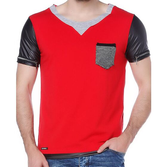 Red Bridge Herren Materialmix T-Shirt mit Kunstlederärmel rot