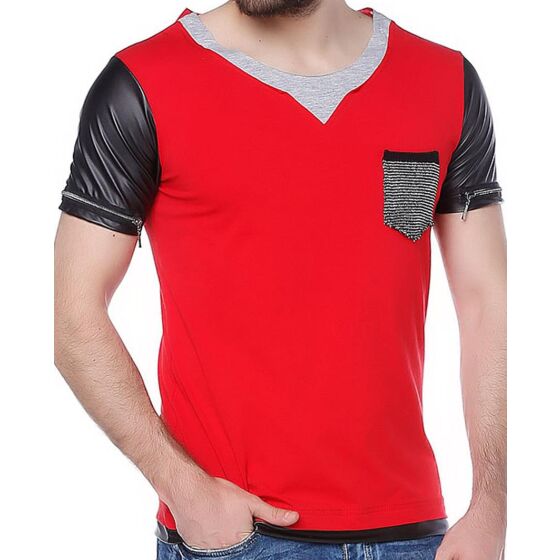 Red Bridge Mens material mix T-shirt with imitation leather sleeves red