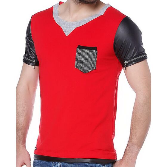 Red Bridge Mens material mix T-shirt with imitation leather sleeves red