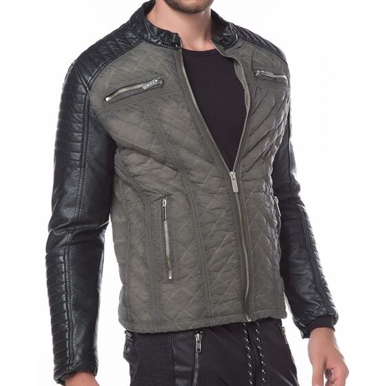 Red Bridge Mens Quilted Army Biker Faux Leather Quilted Jacket Khaki