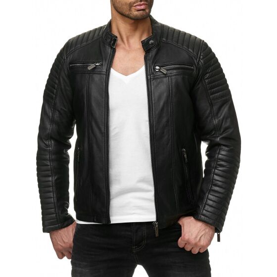 Red Bridge Mens Synthetic Leather Jacket Biker Jacket Biker Quilted Jacket Black XL