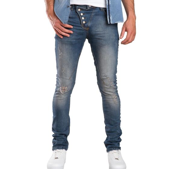 Red Bridge Herren Straight Cut Jeans Destroyed Röhrenjeans Hose blau